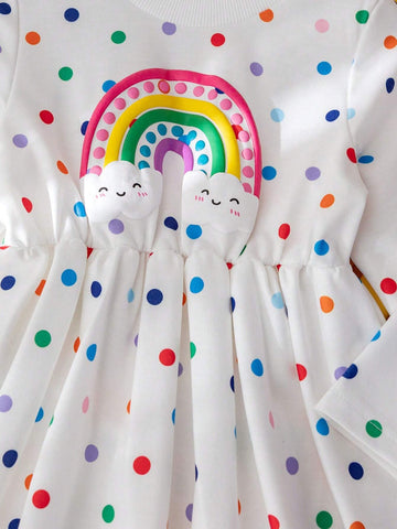 2pcs Girls Casual Fashion Sports Rainbow Polka Dot Sweatshirt Dress, Loose Fit Long Sleeve Round Neck A-Line Waist Dress For Sisters In Autumn Winter