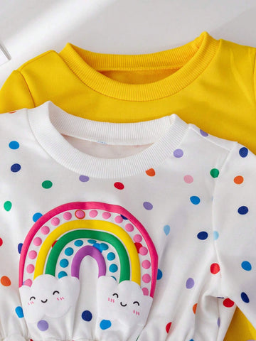 2pcs Girls Casual Fashion Sports Rainbow Polka Dot Sweatshirt Dress, Loose Fit Long Sleeve Round Neck A-Line Waist Dress For Sisters In Autumn Winter