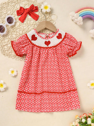 2pcs Girls Casual Valentine's Day Outfit - Heart Embroidered Plaid Dress & Bow Headband Set