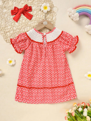 2pcs Girls Casual Valentine's Day Outfit - Heart Embroidered Plaid Dress & Bow Headband Set
