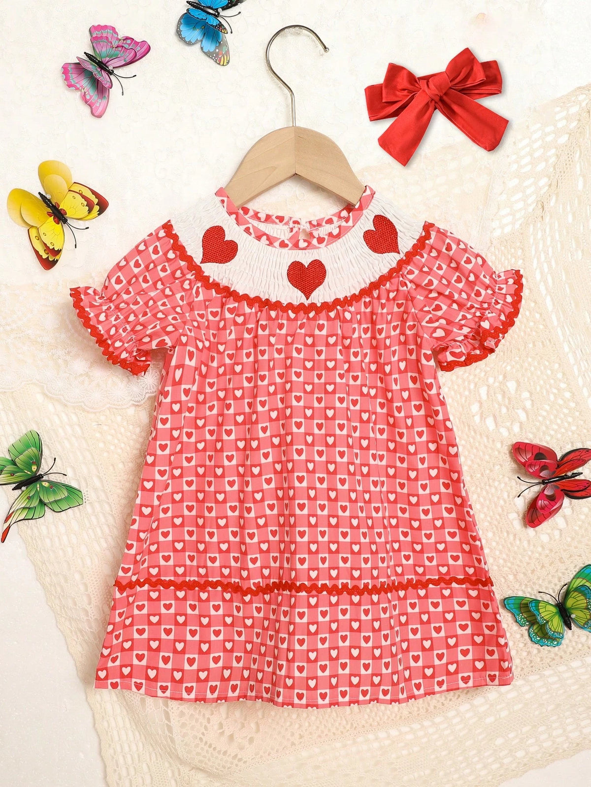 2pcs Girls Casual Valentine's Day Outfit - Heart Embroidered Plaid Dress & Bow Headband Set