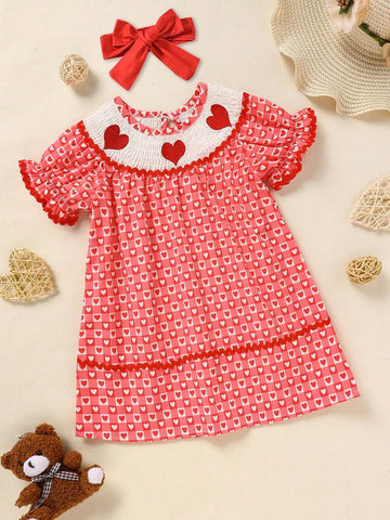 2pcs Girls Casual Valentine's Day Outfit - Heart Embroidered Plaid Dress & Bow Headband Set