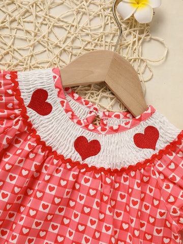 2pcs Girls Casual Valentine's Day Outfit - Heart Embroidered Plaid Dress & Bow Headband Set