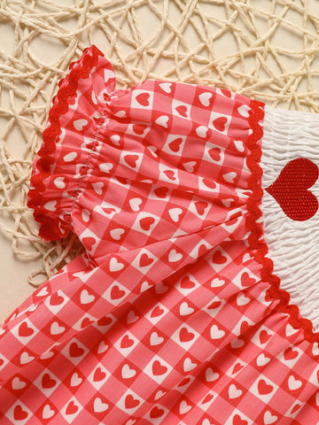 2pcs Girls Casual Valentine's Day Outfit - Heart Embroidered Plaid Dress & Bow Headband Set