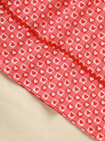2pcs Girls Casual Valentine's Day Outfit - Heart Embroidered Plaid Dress & Bow Headband Set