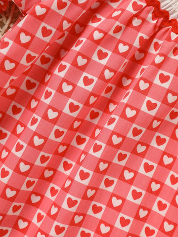 2pcs Girls Casual Valentine's Day Outfit - Heart Embroidered Plaid Dress & Bow Headband Set