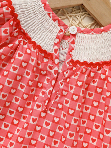 2pcs Girls Casual Valentine's Day Outfit - Heart Embroidered Plaid Dress & Bow Headband Set