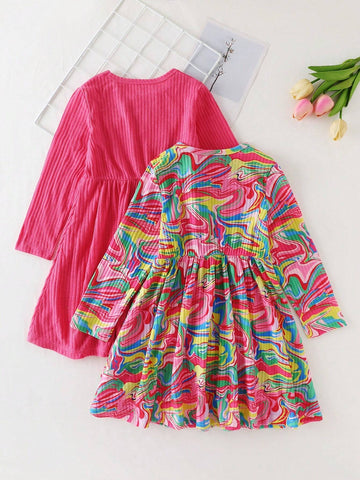 2pcs Girls Colorful Graphic Print Crew Neck Long Sleeve Dress, Solid Color Heart Print Long Sleeve Dress