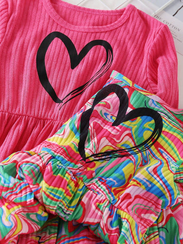 2pcs Girls Colorful Graphic Print Crew Neck Long Sleeve Dress, Solid Color Heart Print Long Sleeve Dress