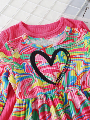 2pcs Girls Colorful Graphic Print Crew Neck Long Sleeve Dress, Solid Color Heart Print Long Sleeve Dress