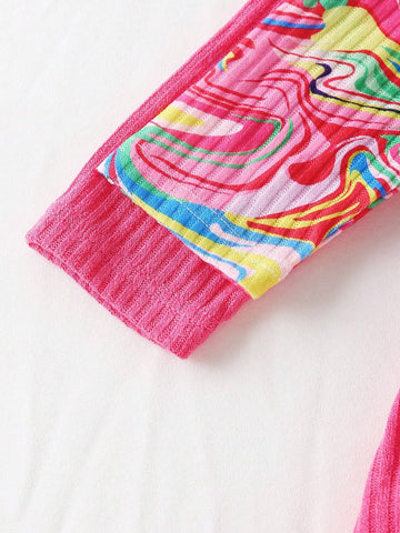 2pcs Girls Colorful Graphic Print Crew Neck Long Sleeve Dress, Solid Color Heart Print Long Sleeve Dress