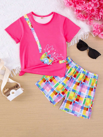 2pcs Girls' Cute Cartoon Camera Printed Top And Colorful Plaid Shorts Summer Outfits