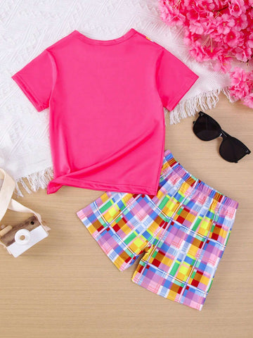 2pcs Girls' Cute Cartoon Camera Printed Top And Colorful Plaid Shorts Summer Outfits