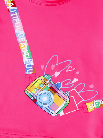 2pcs Girls' Cute Cartoon Camera Printed Top And Colorful Plaid Shorts Summer Outfits