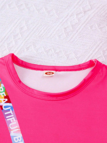 2pcs Girls' Cute Cartoon Camera Printed Top And Colorful Plaid Shorts Summer Outfits