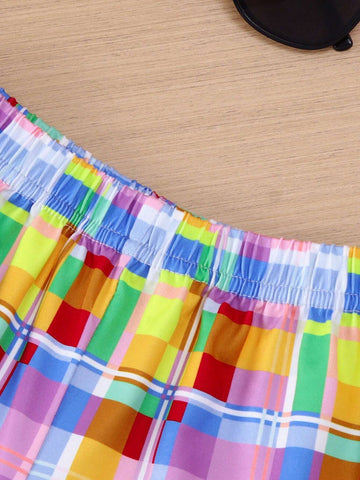 2pcs Girls' Cute Cartoon Camera Printed Top And Colorful Plaid Shorts Summer Outfits