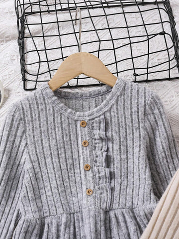 2pcs Girls Elegant Comfortable Knitted Jacquard Faux Fur Trim Ruffled Dress