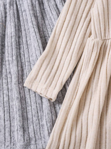 2pcs Girls Elegant Comfortable Knitted Jacquard Faux Fur Trim Ruffled Dress