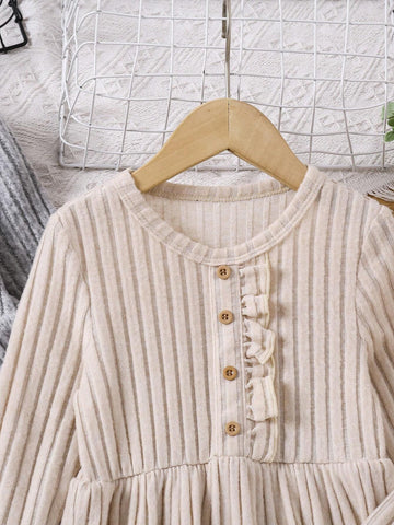 2pcs Girls Elegant Comfortable Knitted Jacquard Faux Fur Trim Ruffled Dress