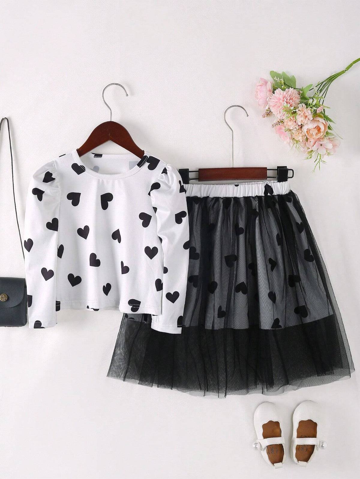 2pcs Girls Fashion Casual Heart Bubble Print Long Sleeve T-Shirt + Stylish Princess Tutu Skirt Set, Suitable For Spring And Autumn