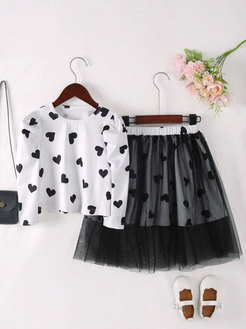 2pcs Girls Fashion Casual Heart Bubble Print Long Sleeve T-Shirt + Stylish Princess Tutu Skirt Set, Suitable For Spring And Autumn