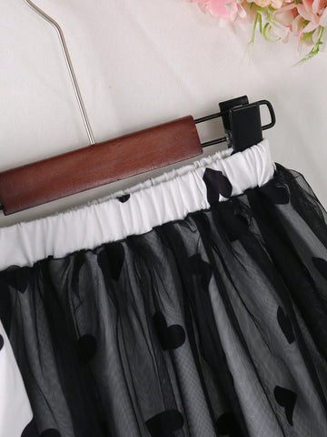 2pcs Girls Fashion Casual Heart Bubble Print Long Sleeve T-Shirt + Stylish Princess Tutu Skirt Set, Suitable For Spring And Autumn