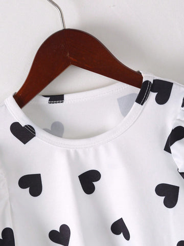 2pcs Girls Fashion Casual Heart Bubble Print Long Sleeve T-Shirt + Stylish Princess Tutu Skirt Set, Suitable For Spring And Autumn