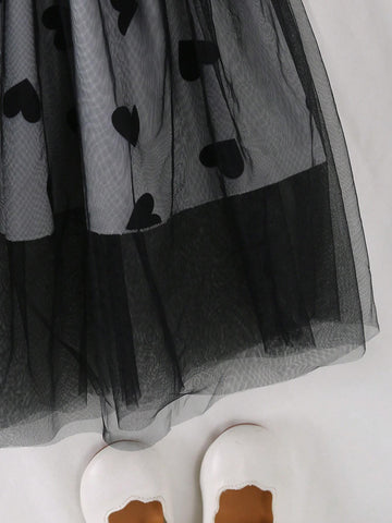 2pcs Girls Fashion Casual Heart Bubble Print Long Sleeve T-Shirt + Stylish Princess Tutu Skirt Set, Suitable For Spring And Autumn