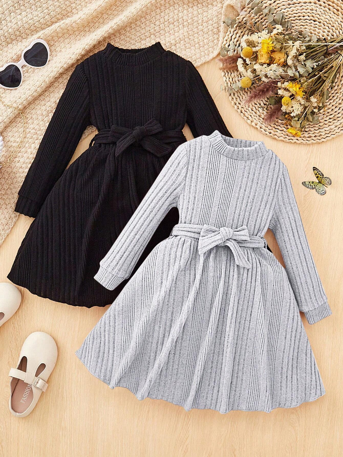 2pcs Girls Fashion Elegant Solid Color Stand Collar Long Sleeve Dress Set