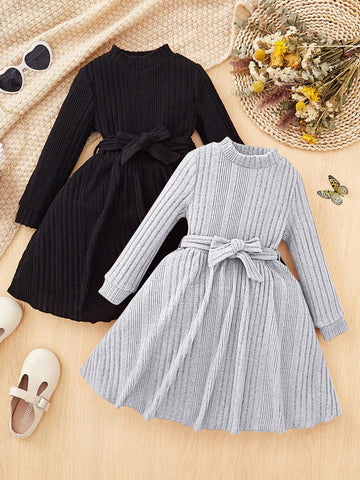 2pcs Girls Fashion Elegant Solid Color Stand Collar Long Sleeve Dress Set