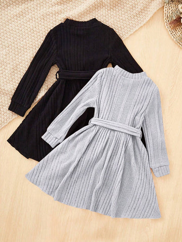 2pcs Girls Fashion Elegant Solid Color Stand Collar Long Sleeve Dress Set