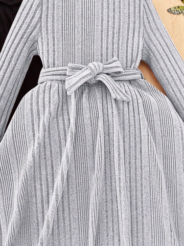 2pcs Girls Fashion Elegant Solid Color Stand Collar Long Sleeve Dress Set