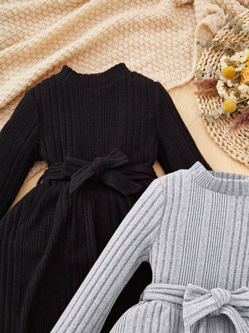 2pcs Girls Fashion Elegant Solid Color Stand Collar Long Sleeve Dress Set