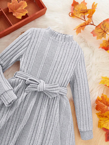 2pcs Girls Fashion Elegant Solid Color Stand Collar Long Sleeve Dress Set