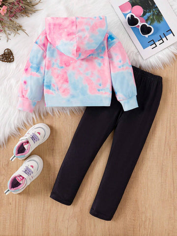 2pcs Girls Fashion Tie Dye Letter Print Hooded Sweatshirt + Slim Fit Pants Set