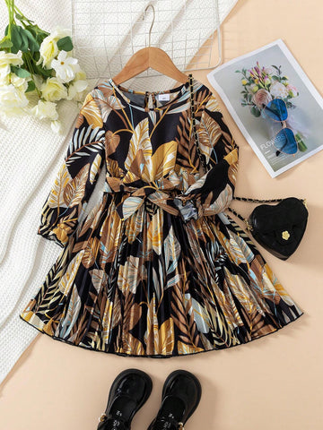 2pcs Girls Fashionable Casual Allover Print Pleated Hem Belted Long Sleeve Round Neck Button Front Dress, Spring/Autumn