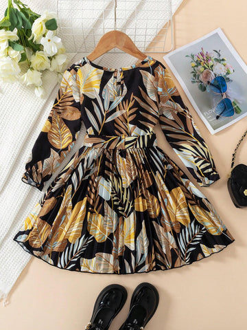 2pcs Girls Fashionable Casual Allover Print Pleated Hem Belted Long Sleeve Round Neck Button Front Dress, Spring/Autumn