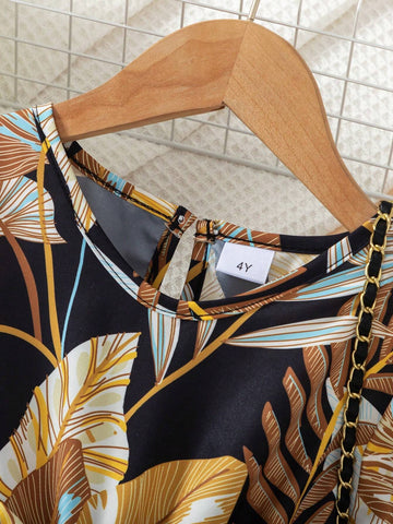 2pcs Girls Fashionable Casual Allover Print Pleated Hem Belted Long Sleeve Round Neck Button Front Dress, Spring/Autumn