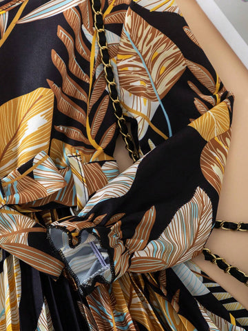 2pcs Girls Fashionable Casual Allover Print Pleated Hem Belted Long Sleeve Round Neck Button Front Dress, Spring/Autumn