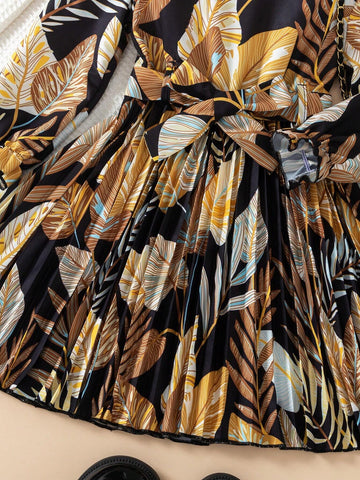 2pcs Girls Fashionable Casual Allover Print Pleated Hem Belted Long Sleeve Round Neck Button Front Dress, Spring/Autumn