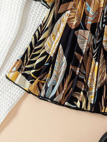 2pcs Girls Fashionable Casual Allover Print Pleated Hem Belted Long Sleeve Round Neck Button Front Dress, Spring/Autumn