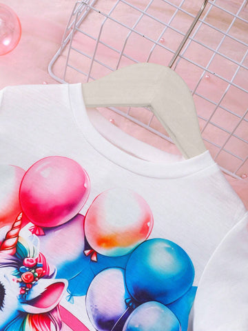 2pcs Girls' Fashionable Casual 'Balloons & Unicorn Pattern' Printed Short Sleeve T-Shirt + Denim-Like Casual Pants Summer Outfit