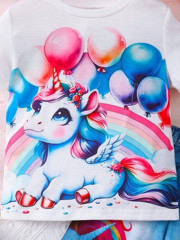 2pcs Girls' Fashionable Casual 'Balloons & Unicorn Pattern' Printed Short Sleeve T-Shirt + Denim-Like Casual Pants Summer Outfit