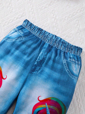 2pcs Girls' Fashionable Casual 'Balloons & Unicorn Pattern' Printed Short Sleeve T-Shirt + Denim-Like Casual Pants Summer Outfit
