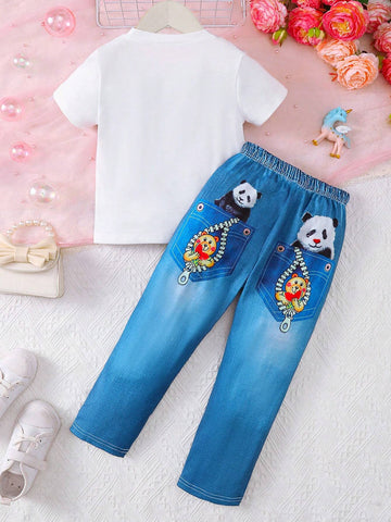2pcs Girls' Fashionable Casual 'Balloons & Unicorn Pattern' Printed Short Sleeve T-Shirt + Denim-Like Casual Pants Summer Outfit