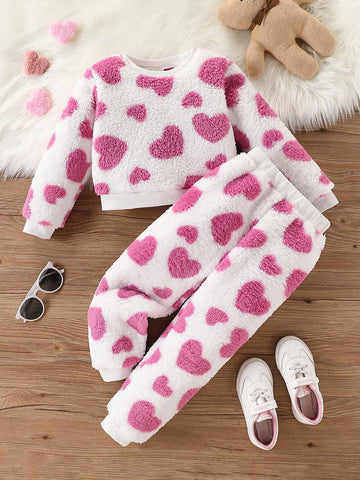 2pcs Girls' Fur Heart Pattern Casual Outfit Set, Warm Sweatshirt & Pants, Ages 4-7 Years, Autumn Winter
