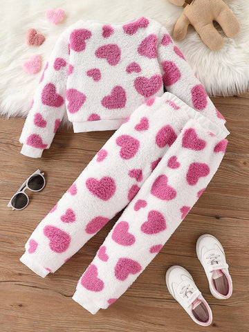 2pcs Girls' Fur Heart Pattern Casual Outfit Set, Warm Sweatshirt & Pants, Ages 4-7 Years, Autumn Winter