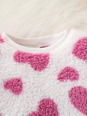 2pcs Girls' Fur Heart Pattern Casual Outfit Set, Warm Sweatshirt & Pants, Ages 4-7 Years, Autumn Winter