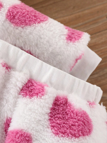 2pcs Girls' Fur Heart Pattern Casual Outfit Set, Warm Sweatshirt & Pants, Ages 4-7 Years, Autumn Winter