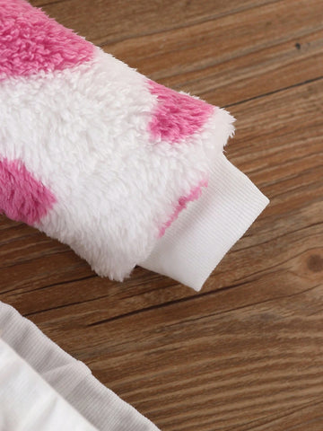 2pcs Girls' Fur Heart Pattern Casual Outfit Set, Warm Sweatshirt & Pants, Ages 4-7 Years, Autumn Winter